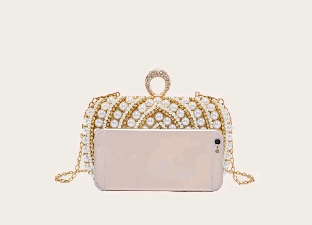 Allover faux pearl & rhinestone decor chain evening bag.