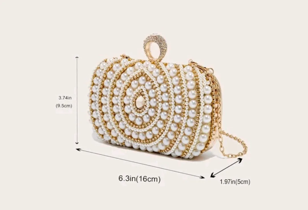 Allover faux pearl & rhinestone decor chain evening bag.