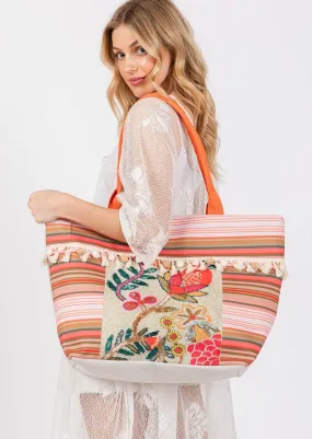 Beach Boho Flower Print Tassel Tote Bag