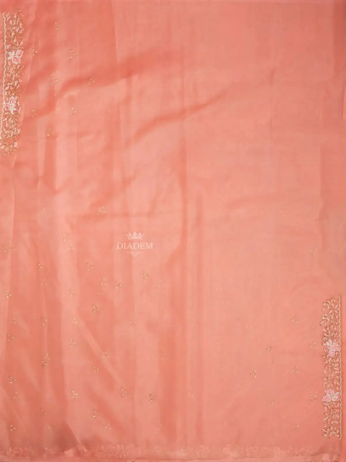 Coral Organza Saree with Embroidery Design on the Body and with Scalloped Border