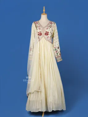 Cream Floral Embroidery Gown and Net Dupatta