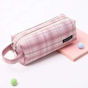 Double-Layer Plaid Pencil Case Female Student Canvas Portable Pencil Case