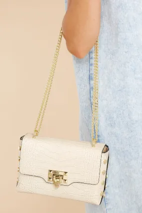 Embellished Edge Cream Snake Print Studded Bag