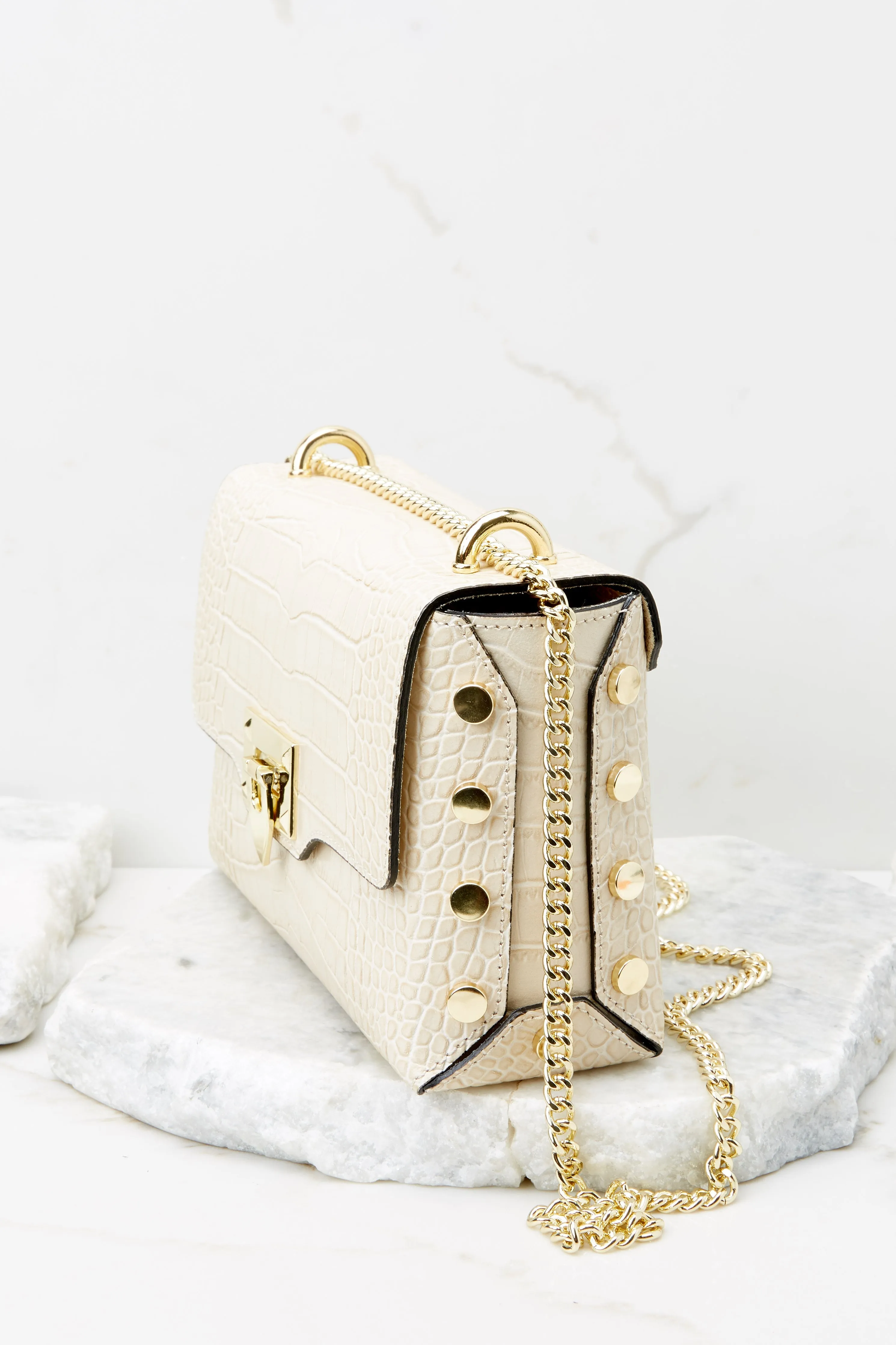 Embellished Edge Cream Snake Print Studded Bag