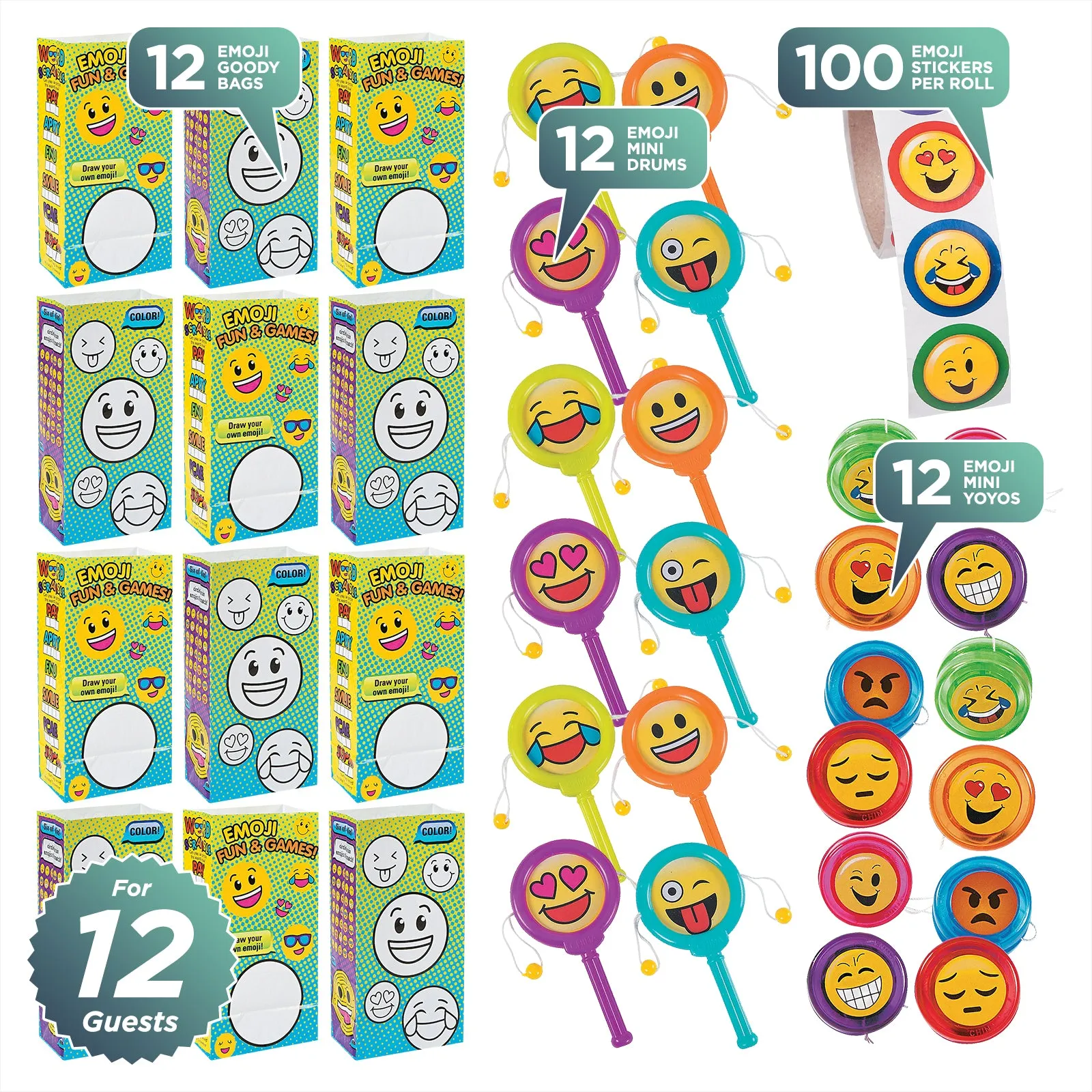 Emoji Party Favors - Smiley Face Goody Bags, Mini Yo-yos, Mini Drums, and Stickers for 12 Guests