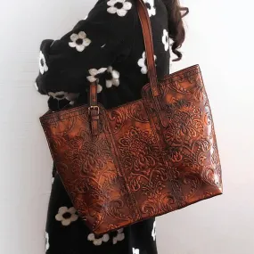 Handmade Vintage Genuine Leather Flower Pattern Women Bag