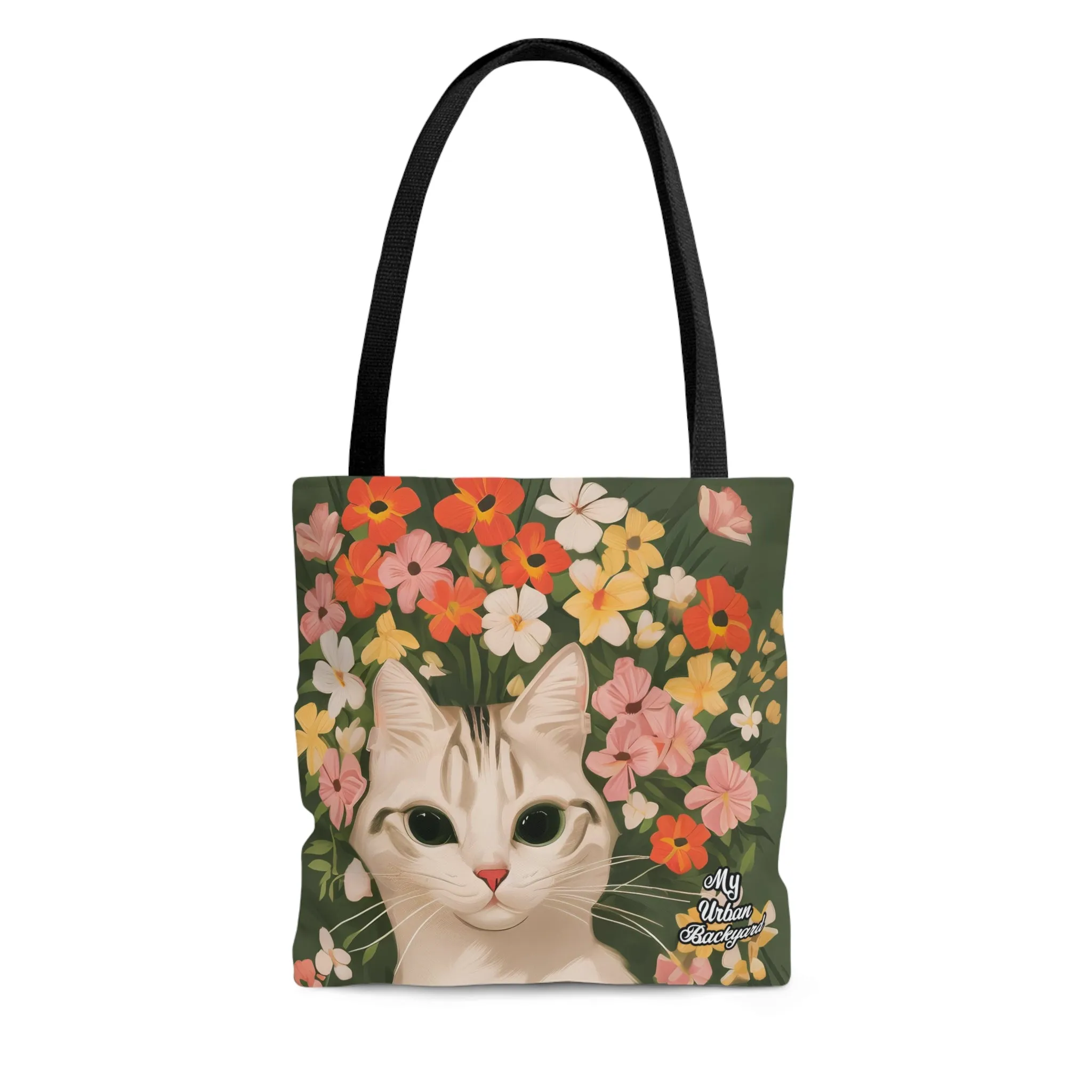 White Cat with Flowers, Tote Bag for Everyday Use - Durable and Functional