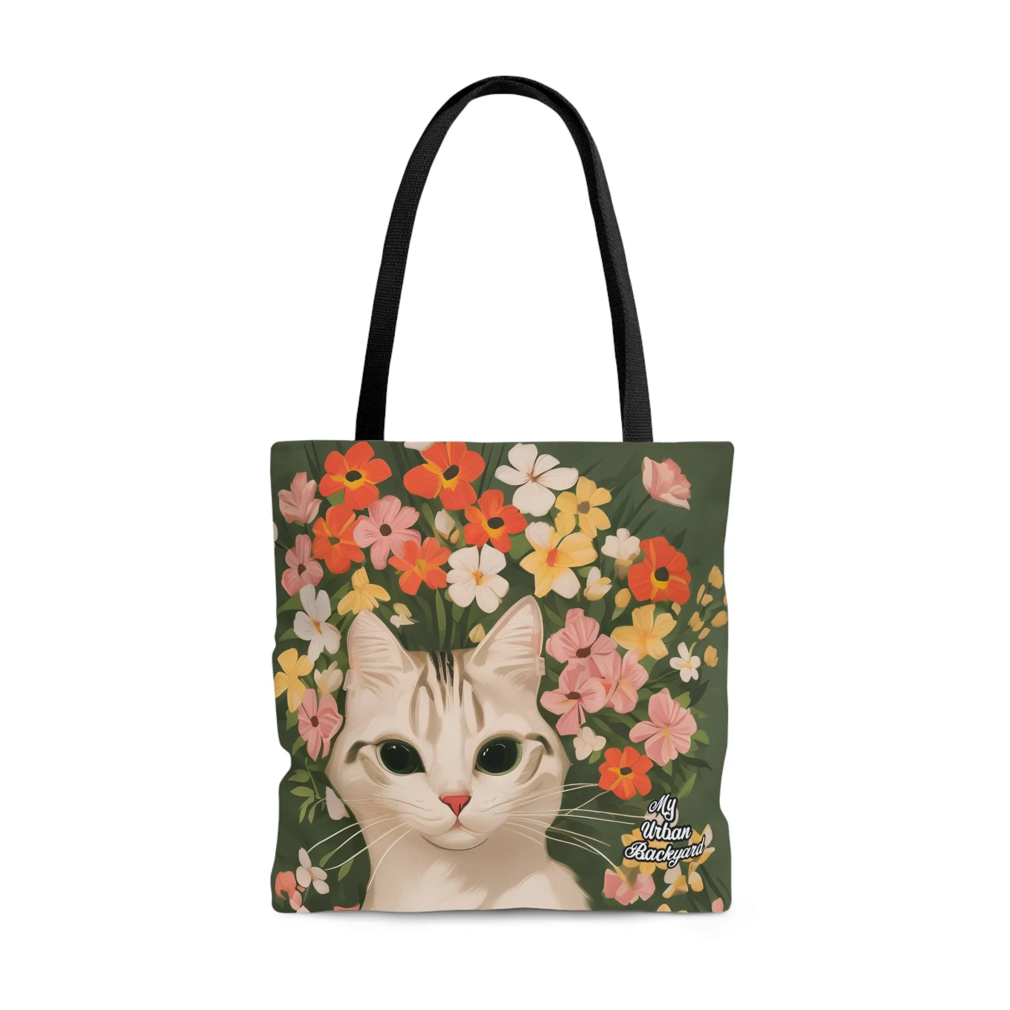 White Cat with Flowers, Tote Bag for Everyday Use - Durable and Functional